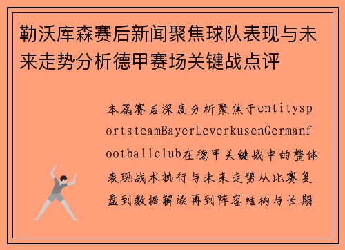 勒沃库森赛后新闻聚焦球队表现与未来走势分析德甲赛场关键战点评